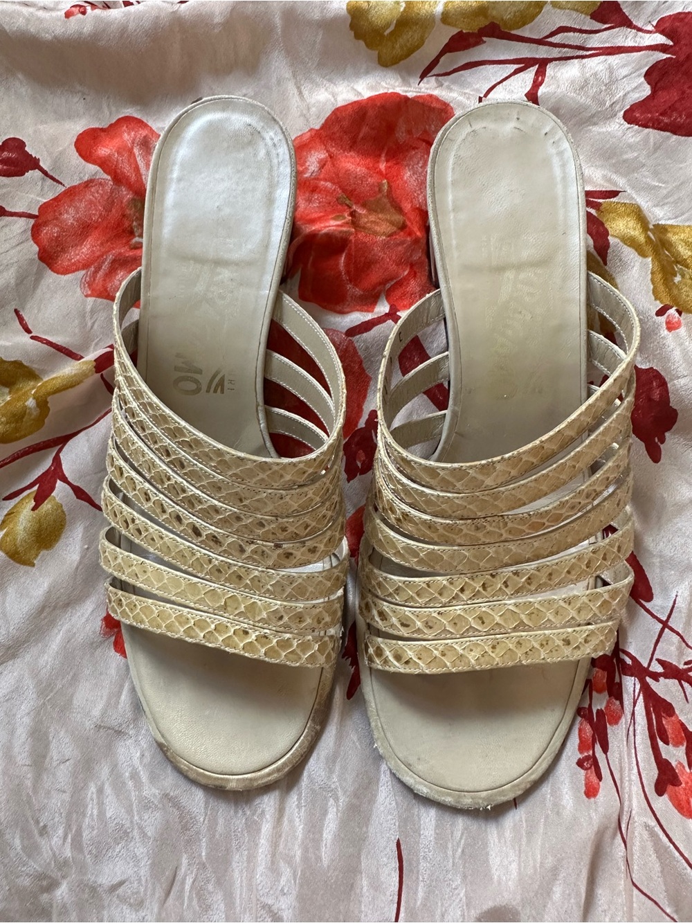 Ferragamo Strappy Block Heel Sandals in Snakeskin Textured Gold 8C